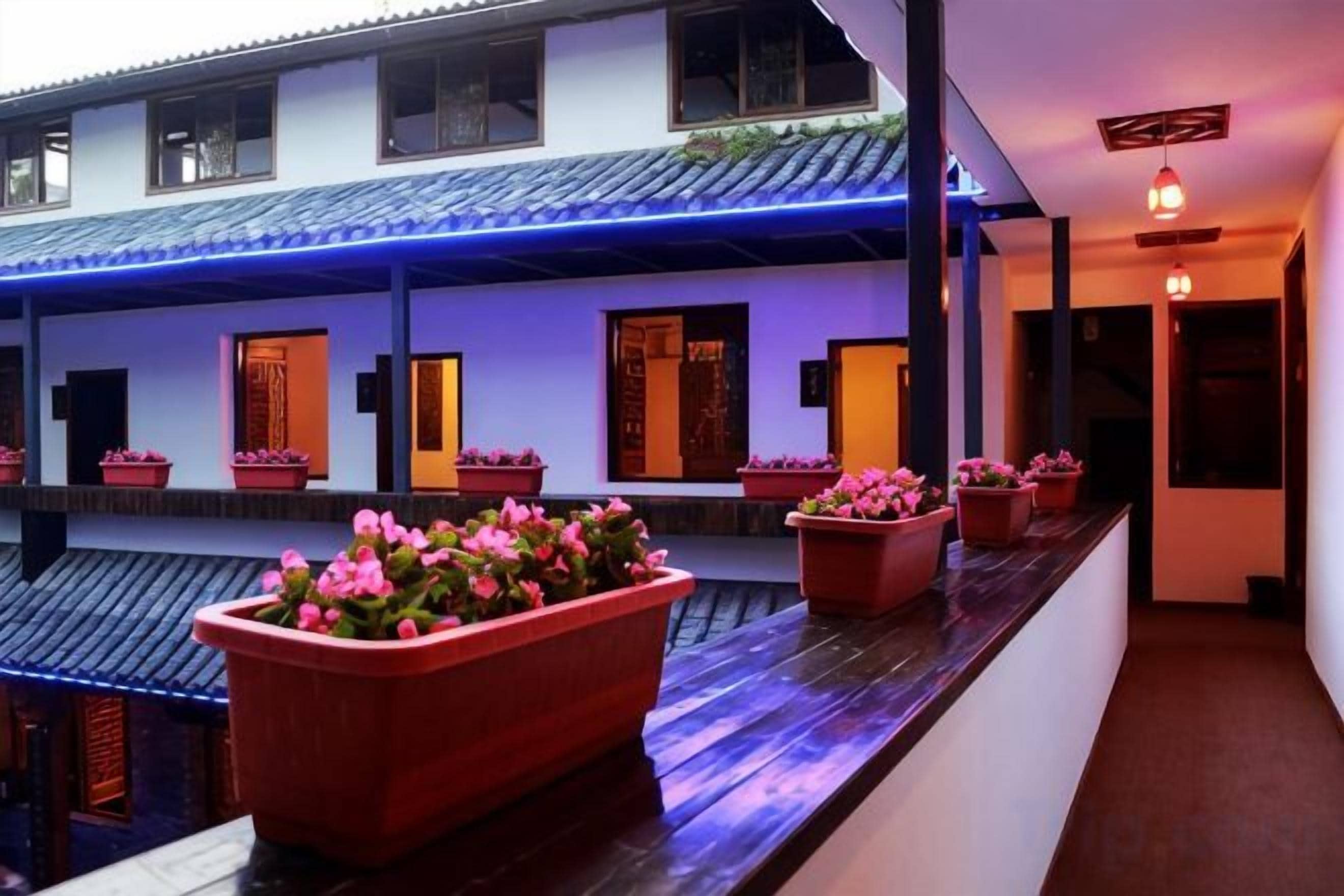 A traditional building with multiple rooms, each with a distinct entrance and a potted plant on the exterior.