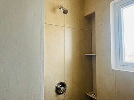 Apartment, Balcony, Sea View | Bathroom | Shower, towels, soap, shampoo