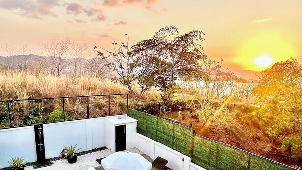Une piscine dotée de chaises longues et d’un parasol, entourée d’un mur blanc et d’une haie verdoyante, offrant une vue sur le coucher de soleil.