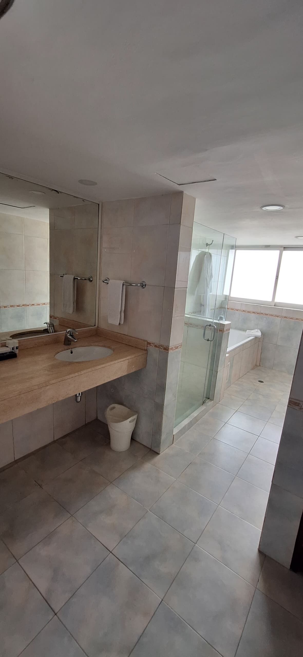 A modern bathroom with a large sink, mirror, and glass shower enclosure.