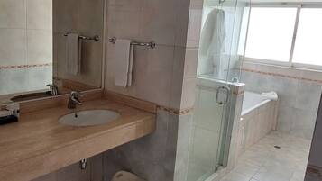 A modern bathroom with a large sink, mirror, and glass shower enclosure.