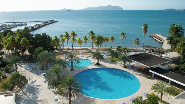 Un resort con una gran piscina, palmeras y vistas al océano.
