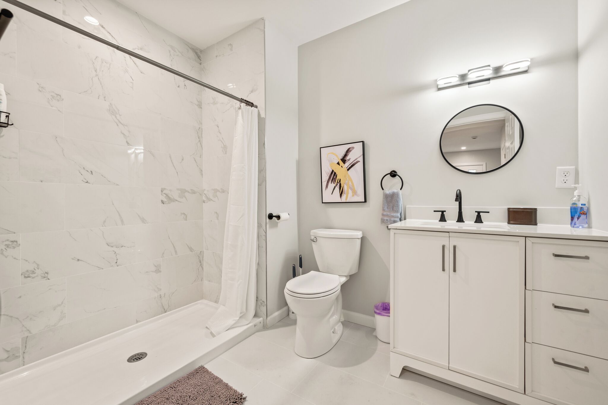 Hair dryer, bidet, towels, soap