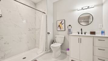 Hair dryer, bidet, towels, soap