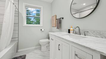 Hair dryer, bidet, towels, soap