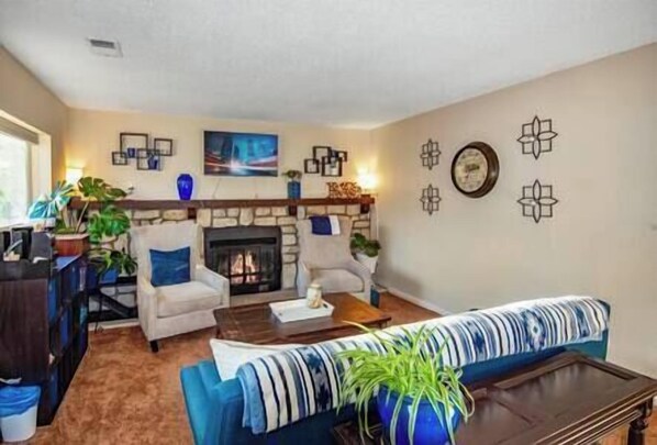 Télévision, cheminée, écrans d'ordinateur