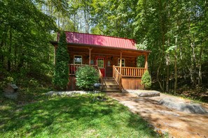A rustic cabin with a red roof, wooden porch, and a small front yard with a grill.
