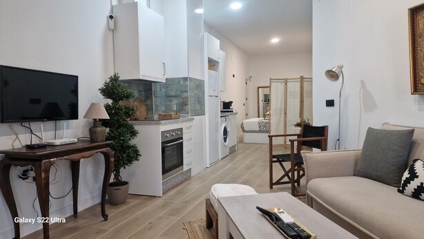 Una sala de estar moderna con un sofá, una mesa de centro, un televisor y una cocina con estufa, horno y lavadora.