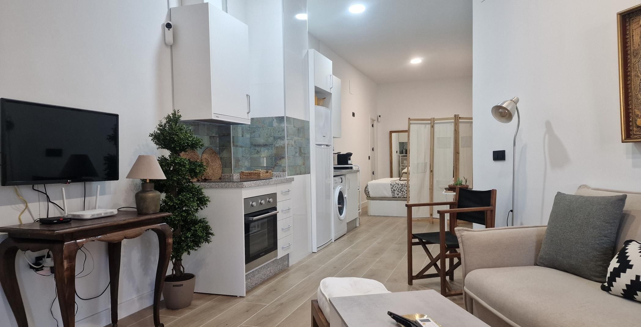 Un salon moderne comprenant un canapé, une table basse, un téléviseur et un coin cuisine équipé d’une cuisinière, d’un four et d’un lave-linge.
