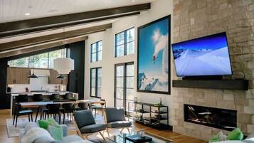 Télévision, cheminée, jeux vidéo, livres