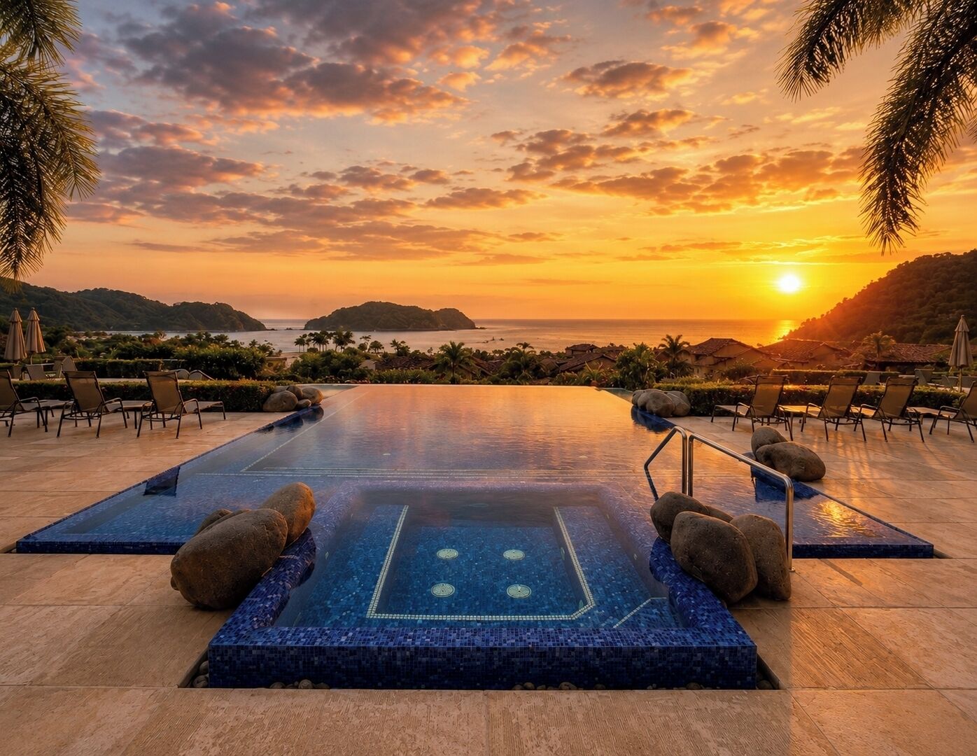 An infinity pool with a view of the sunset over the ocean, surrounded by lounge chairs and palm trees.