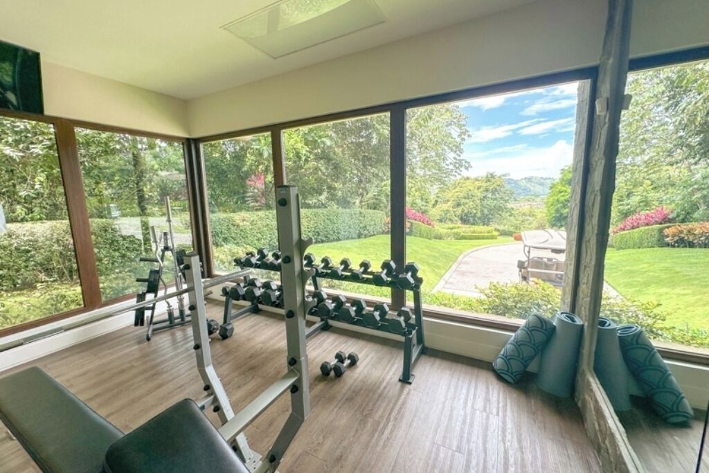 A gym with exercise equipment, large windows, and a view of a garden.
