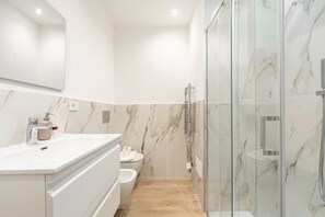 Shower, hair dryer, bidet, towels