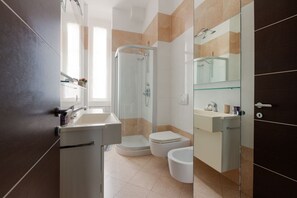 Shower, hair dryer, bidet, towels