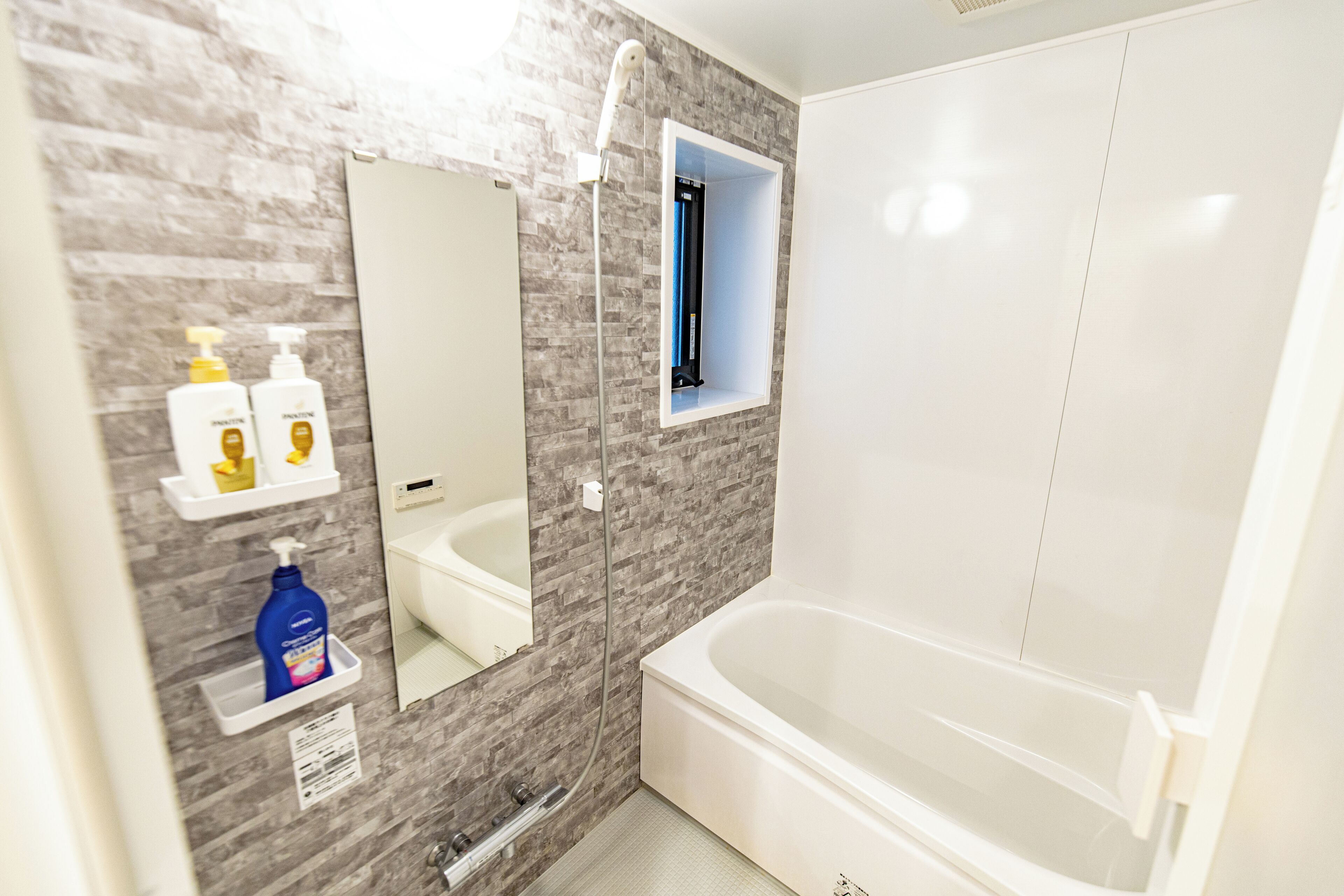 A modern bathroom with a bathtub, a shower, and a vanity with a mirror.