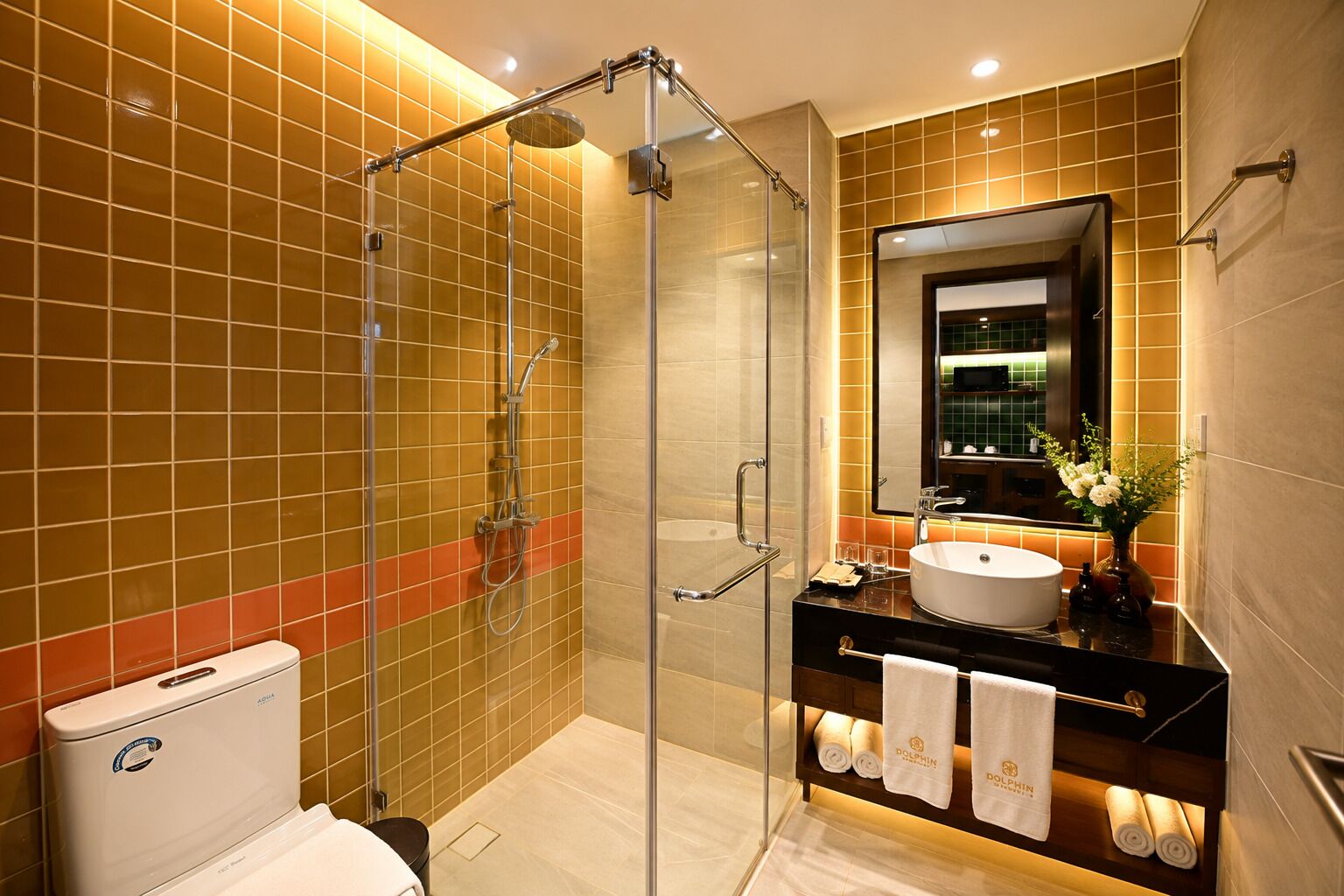 Shower, rainfall showerhead, hair dryer, slippers