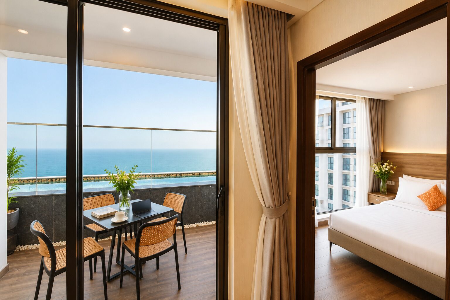 Habitación de hotel con balcón, cama y una mesa con sillas.