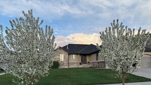 A residential house with a stone facade, a dark roof, and a well-maintained lawn.