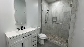 Hair dryer, towels, soap, toilet paper