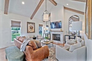 Televisio, takka, työhuone