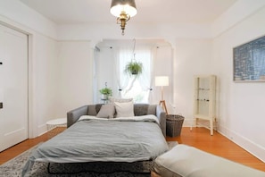 Una camera da letto con un letto, comodini, una lampada, una pianta pensile e una libreria.