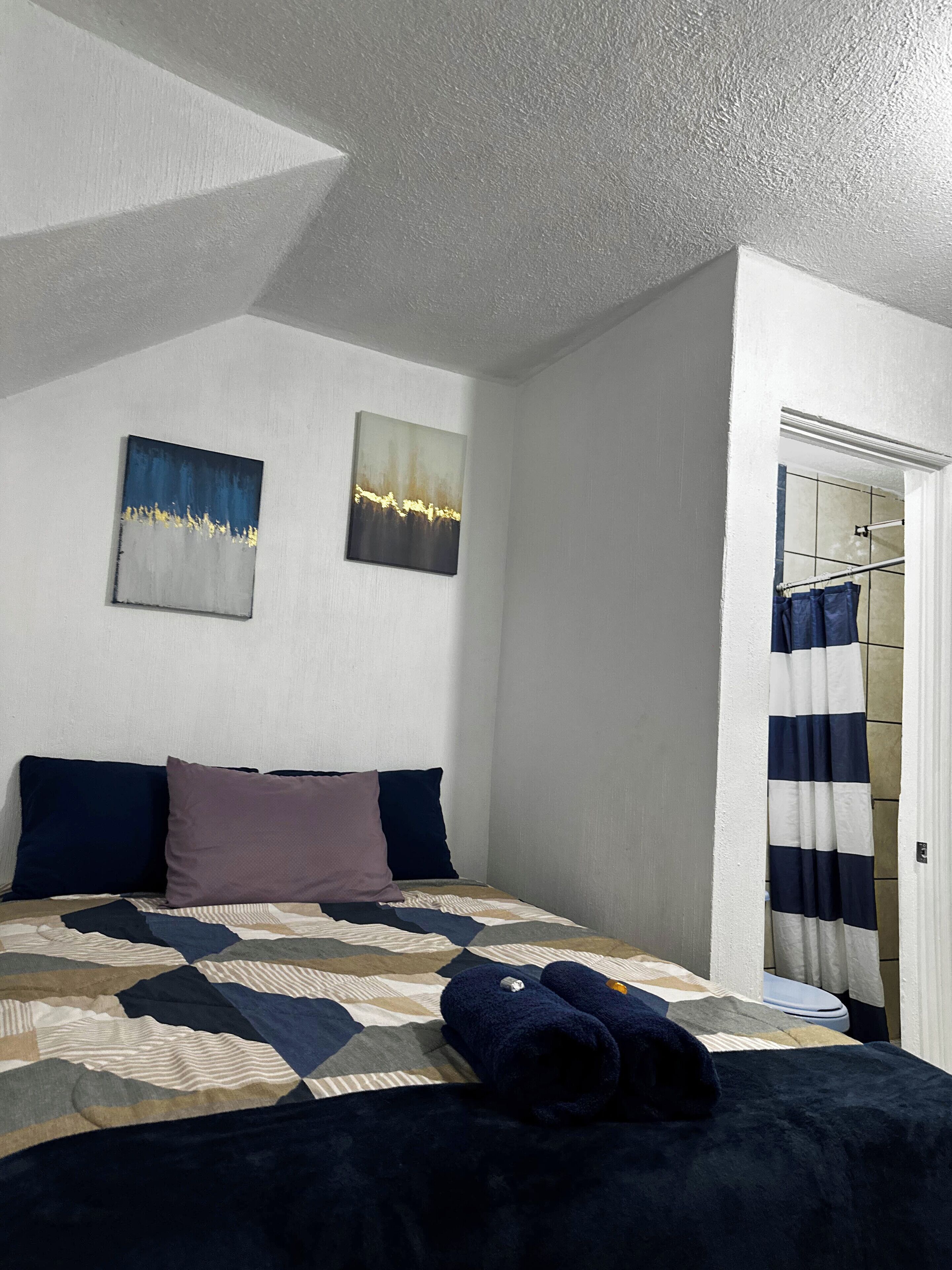 Een slaapkamer met een bed, kussens en twee aan de muur gehangen schilderijen.