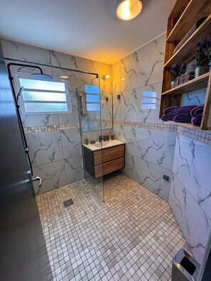 Shower, towels, toilet paper
