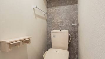 A small, modern bathroom with a toilet, a shelf above the toilet, and a showerhead.
