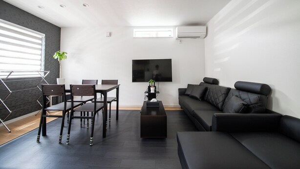 A modern living room with a black sofa, a dining table with chairs, a flat-screen TV mounted on the wall, and a potted plant. - Apollo (Hakodate)