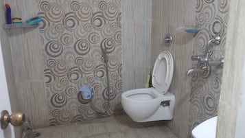 Shower, jetted tub, hair dryer, soap