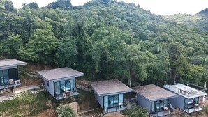 Una casa moderna con facciata in vetro, immersa in una zona boschiva con vista sugli alberi circostanti.