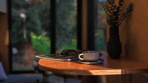 A wooden table with a cup and saucer, a magazine, and a black vase with green plants.