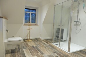 Shower, hair dryer, towels