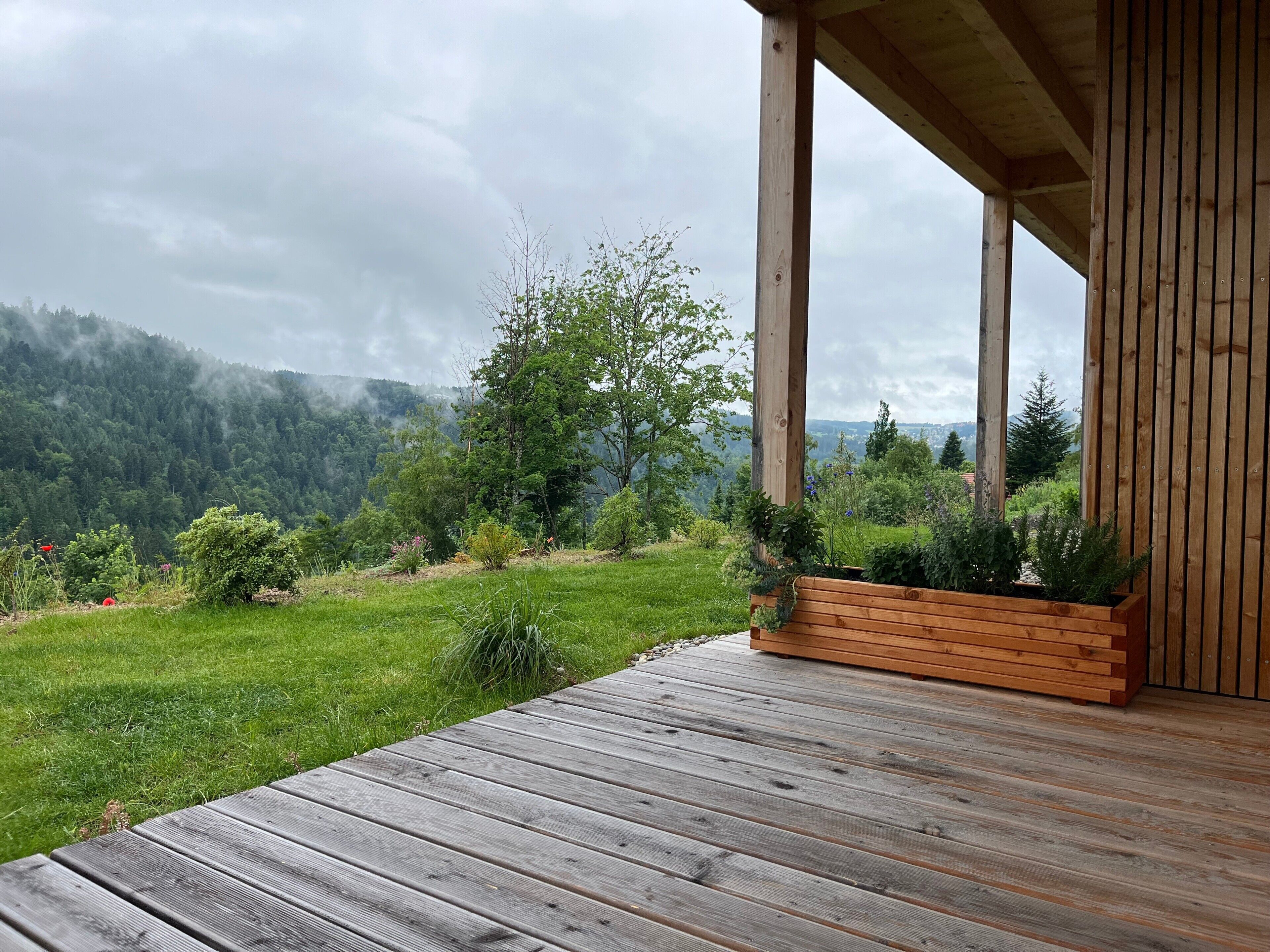 Une terrasse en bois offrant une vue sur une colline boisée.