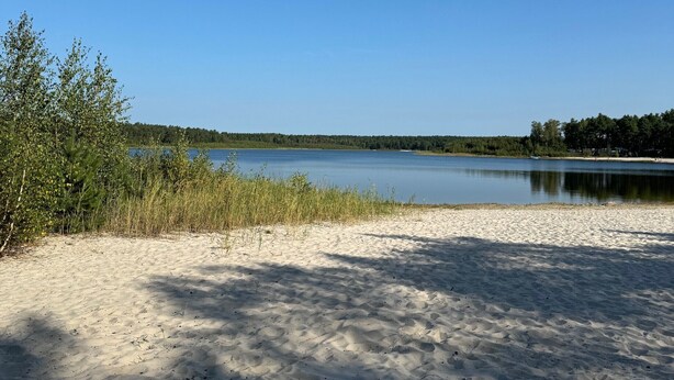 A sandy beach with a clear blue sky and a calm lake.