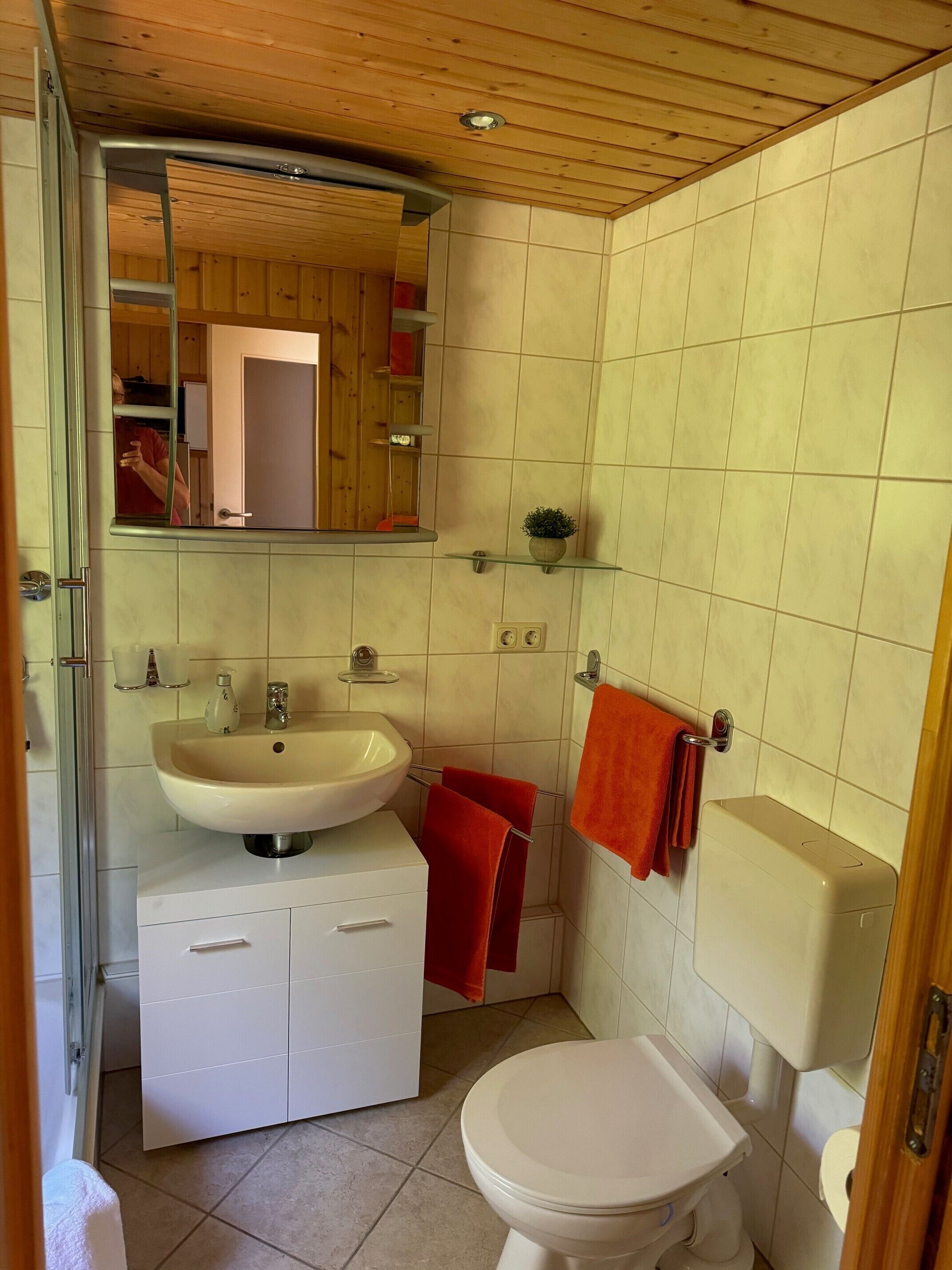 Une salle de bain avec un lavabo blanc, des toilettes, un miroir et un espace douche.