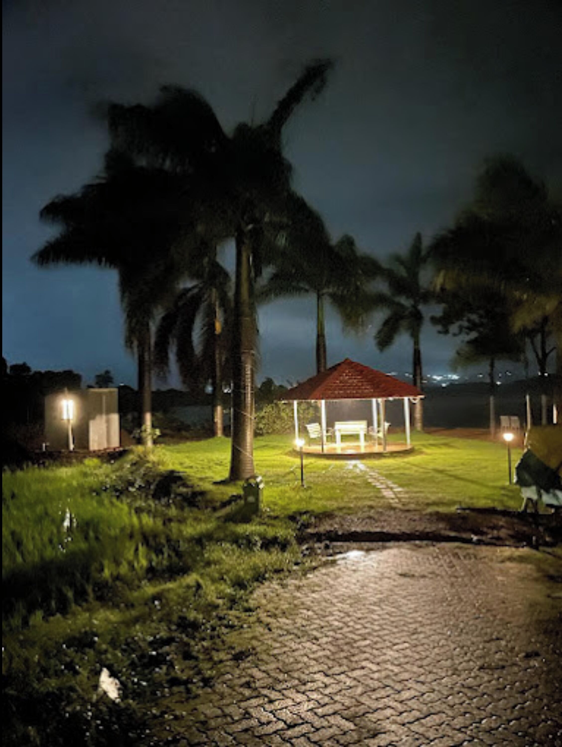 A gazebo with a red roof, surrounded by palm trees and a paved path.