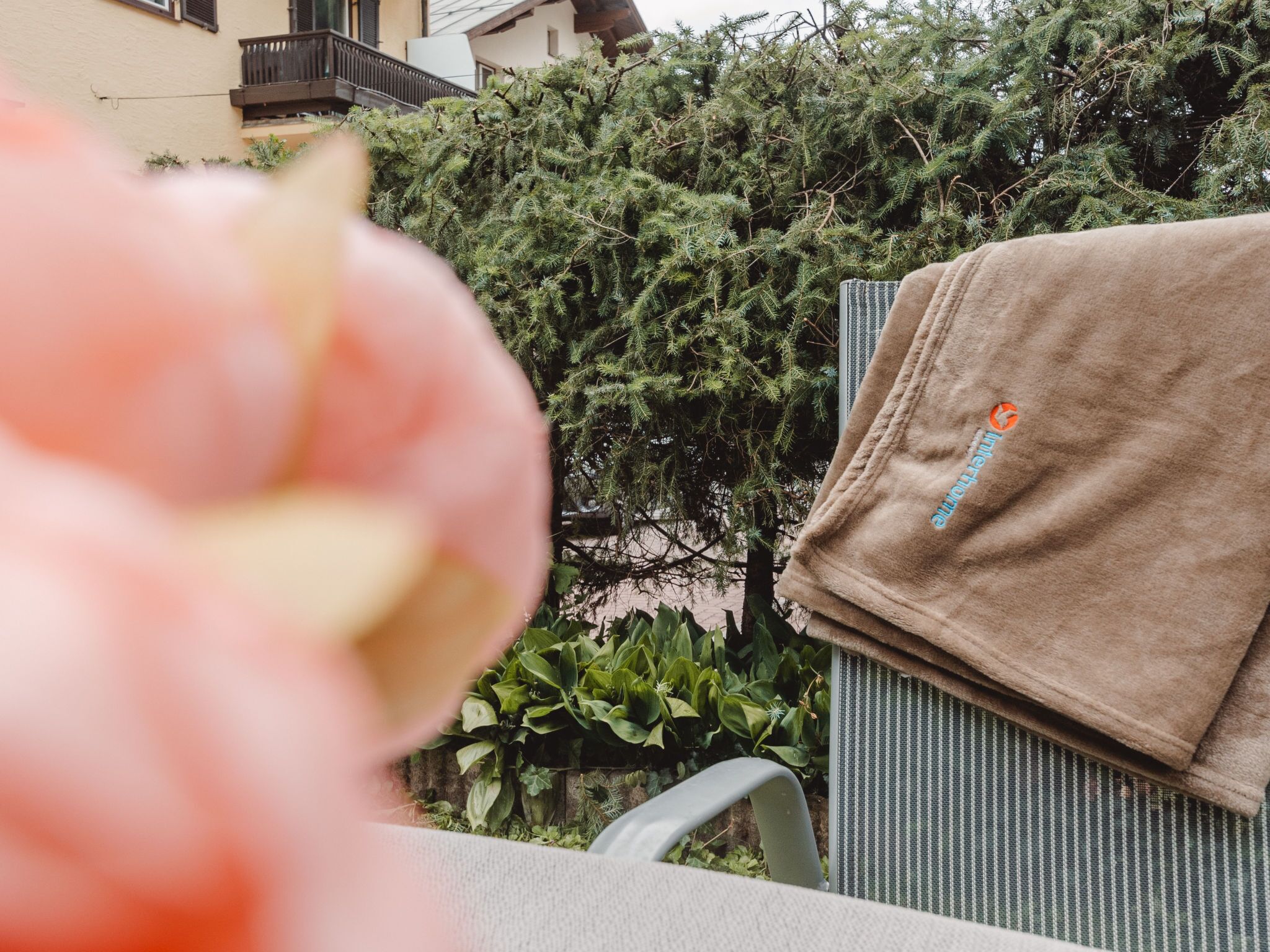Une vue d’un jardin avec une chaise et une serviette.
