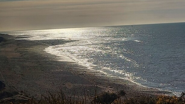Una playa con cielo despejado y mar tranquilo.