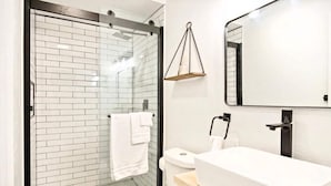 Une salle de bain moderne avec une douche à parois de verre, un lavabo blanc et un miroir.