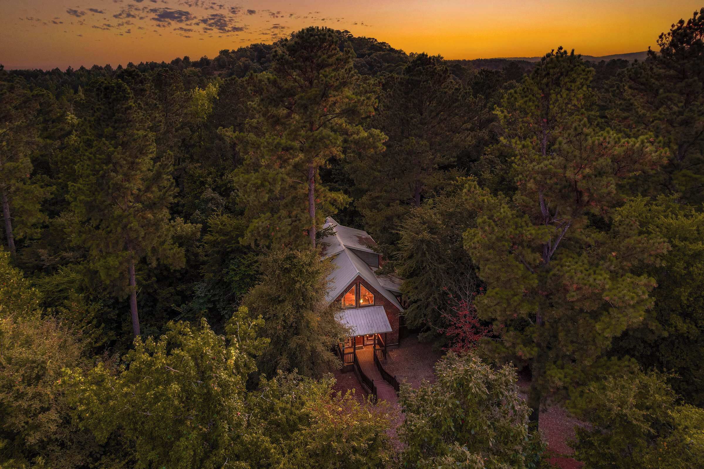 A cabin surrounded by dense forest, with a clear view of the sky at dusk.