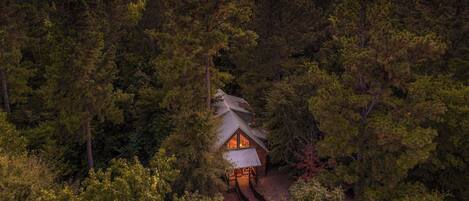 A cabin surrounded by dense forest, with a clear view of the sky at dusk.