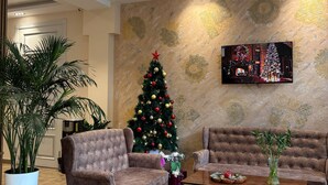 A living room with a Christmas tree, two sofas, a coffee table, and a large TV. - AKS HOTEL (Tashkent)