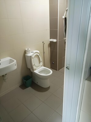 Bathroom features a toilet, sink, and shower area.