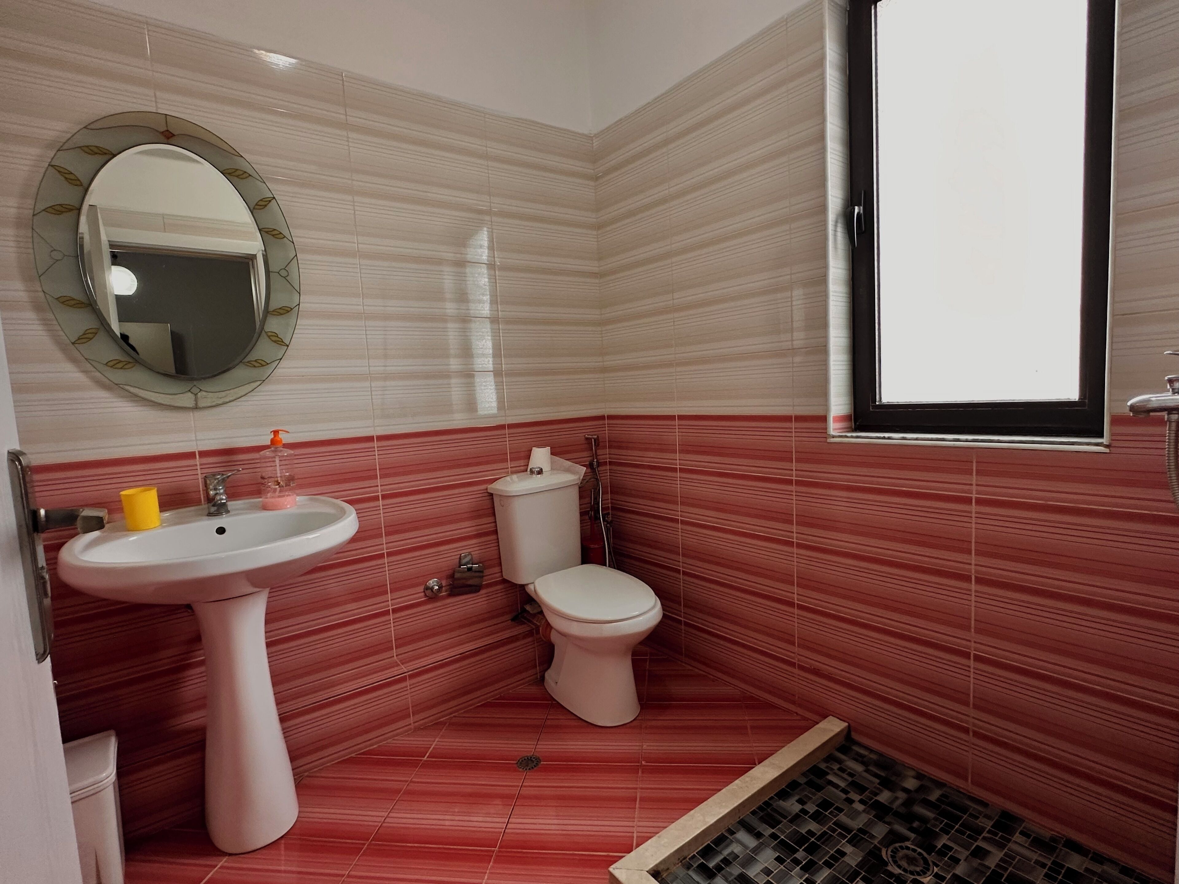 A bathroom with a pedestal sink, toilet, and a mirror with a decorative frame.