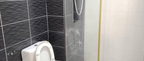 A modern bathroom with a toilet, a shower enclosure, and a sink.