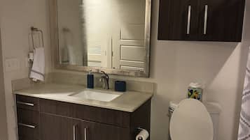 Hair dryer, towels, soap, toilet paper