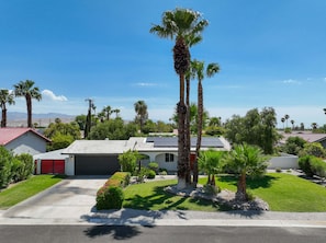 A residential area with houses, palm trees, and a clear sky.
