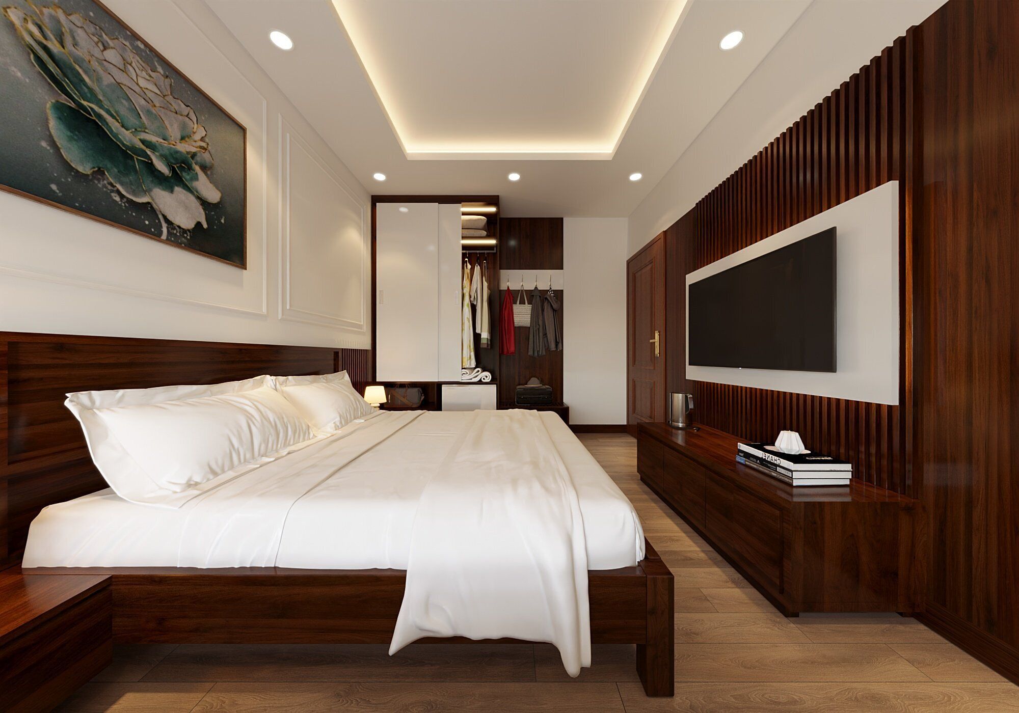 A modern bedroom with a large bed, a TV mounted on the wall, and a wooden panel design on the wall.