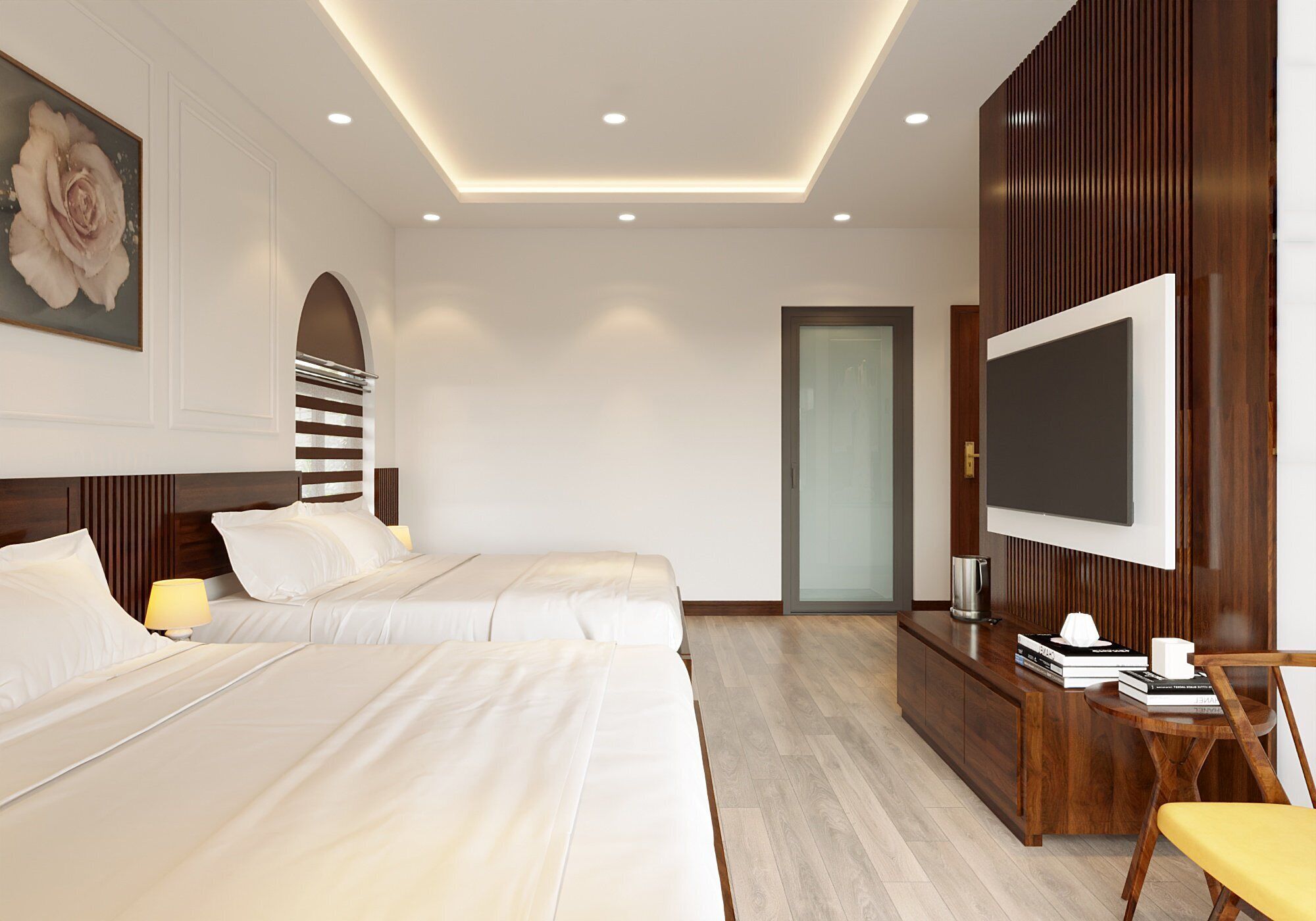 Una habitación de hotel moderna con dos camas, televisión, escritorio y un ventanal grande.